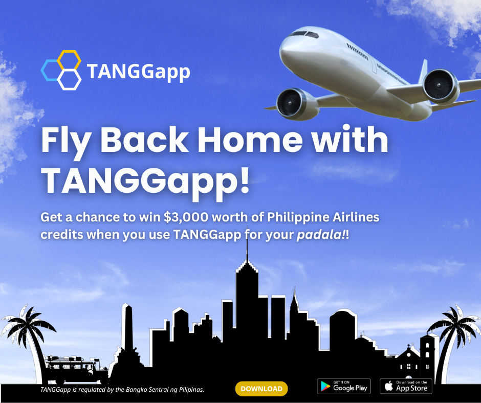 Promotional banner for the TANGGapp ‘Fly Back Home’ raffle to win Philippine Airlines (PAL) credit.